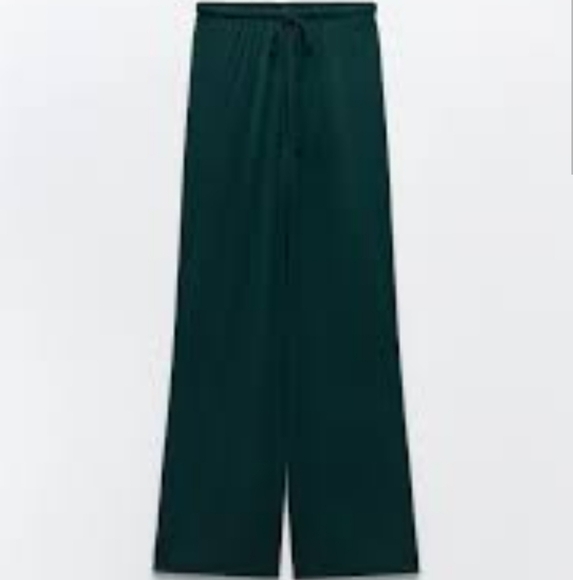 New Zara Pull-On Semi-Sheer Elastic Waist Wide Leg Dark Green Pants Small NWT - Picture 1 of 5